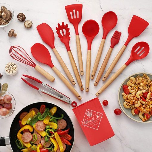 Silicone & Beechwood Utensil Set (Red)