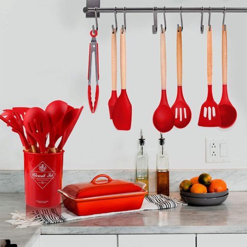 Silicone & Beechwood Utensil Set (Red) - Image 2