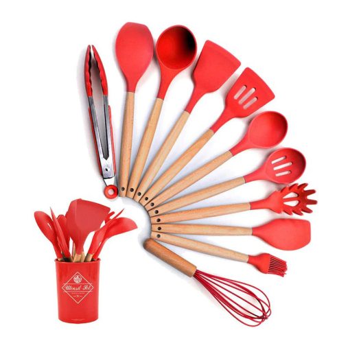 Silicone & Beechwood Utensil Set (Red) - Image 3